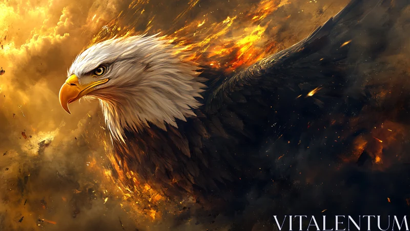 Majestic Bald Eagle Surrounded by Fiery Clouds in Digital Art.