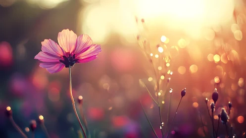 Single pink flower against warm sunset bokeh field.
