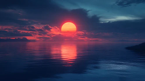 Digital seascape shows red sun low over horizon and reflection
