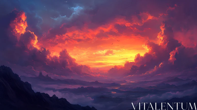 Fiery sunset sky ignites a vast, misty fantasy landscape