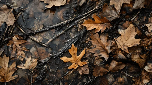 Fallen autumn oak leaves rest on wet forest ground.