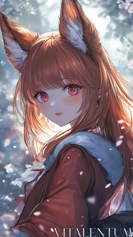 Radiant fox-eared girl in backlit winter bokeh environment.