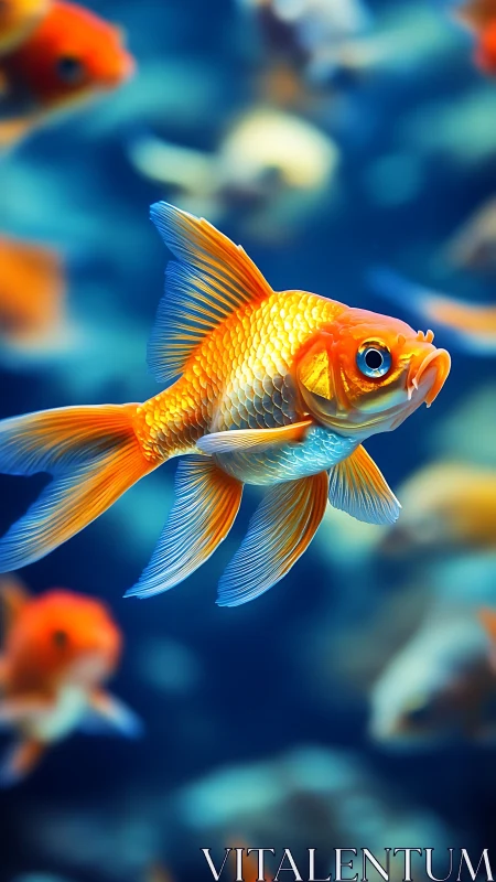 Vibrant orange goldfish swimming in soft blurred aquarium.