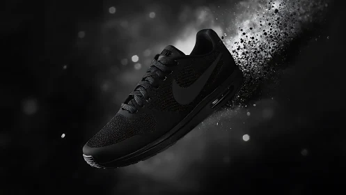 Black running shoe floats over dark bokeh dust burst