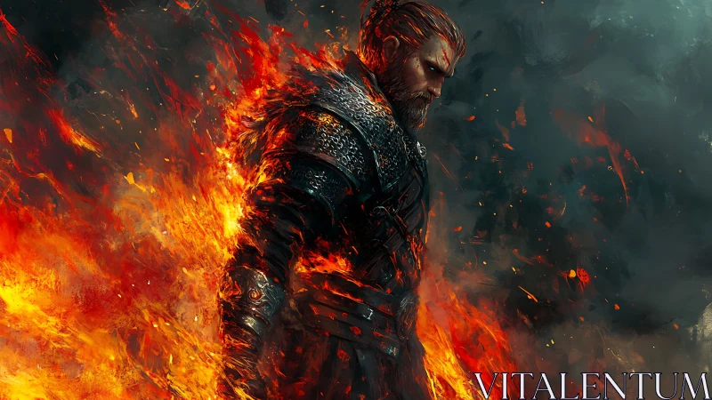 Warrior in dark armor stands engulfed by intense flames