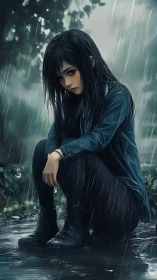 Quiet-hearted girl in the rain pauses in a tender, moody moment