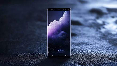 Smartphone displays cosmic cloud landscape.
