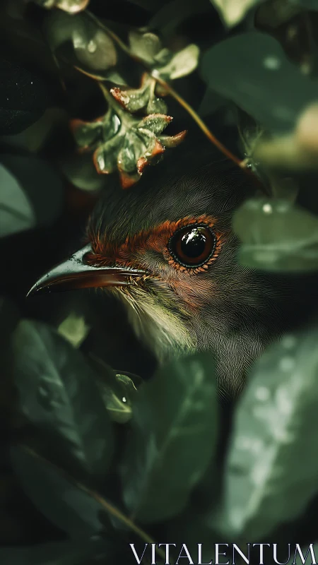 Curious Bird Among Garden Blooms and Leaves.