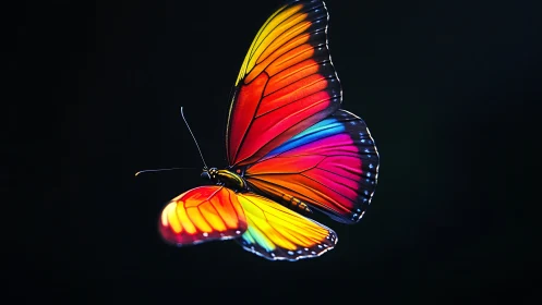 Radiant rainbow butterfly gliding through a velvety night sky.