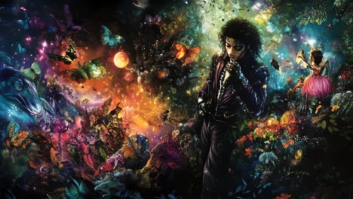 Enigmatic figure wanders through a neon-lit fantasy garden.