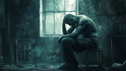 Torso of troubled man seated alone in dark empty room.