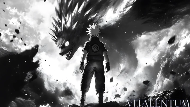 Monochrome anime confrontation with colossal spectral beast.