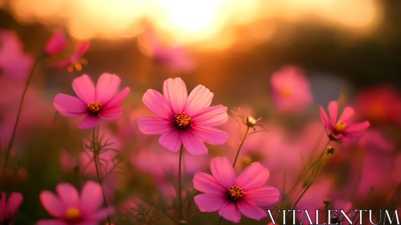 Pink Cosmos Flowers Blooming at Golden Hour Sunset