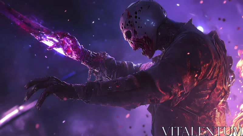 Masked humanoid figure with bladed arm in purple haze.