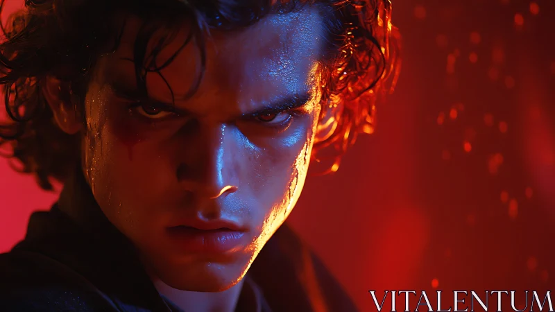 Storm-lit avenger glares through molten shadows and flame.