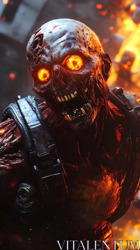 Molten-eyed cyber-zombie close-up amid explosive inferno