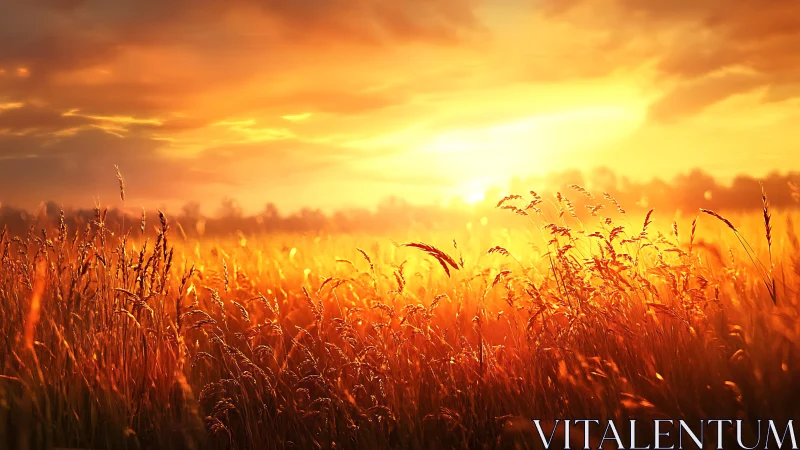 Sunlit grain field under low evening sun with orange sky.