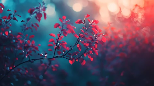 Chromatic bokeh study of red foliage in teal dusk field.