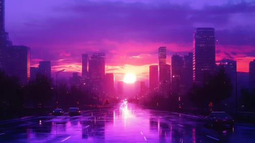 Sun sets behind reflective wet avenue in dense cityscape