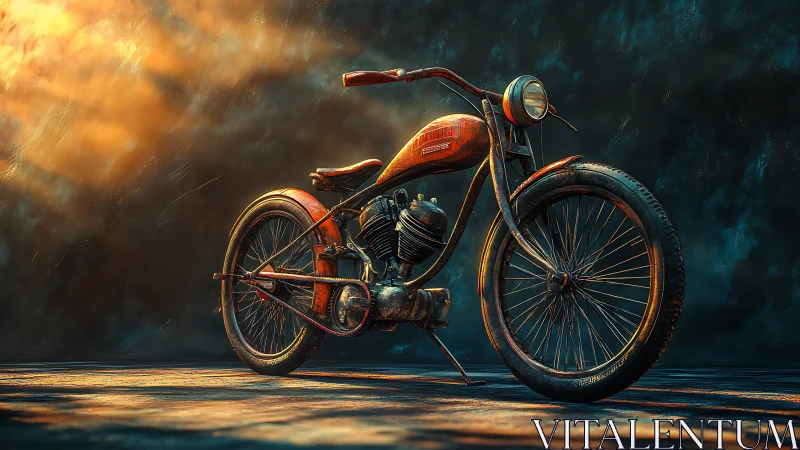 Rust-textured vintage board-track motorcycle under raking volumetric light