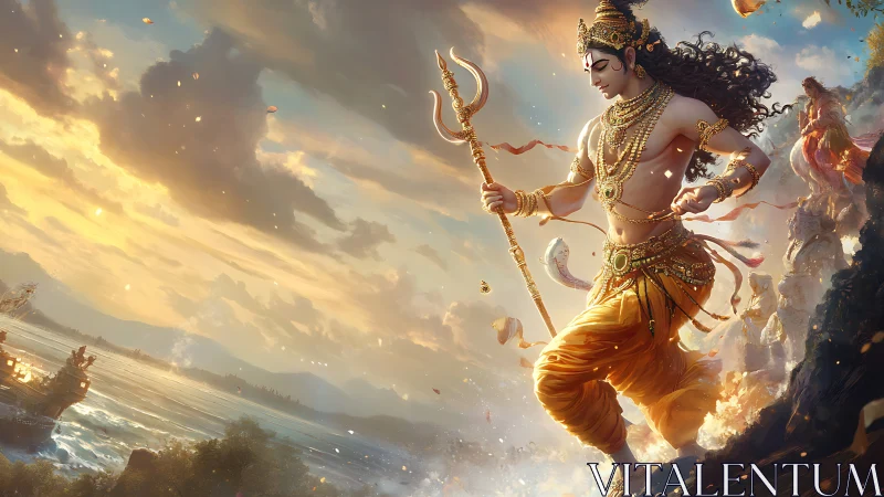 Radiant warrior strides along the glowing ocean shore