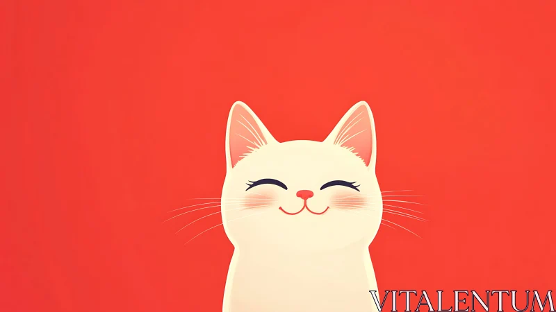 A Joyful White Cat Smiles Brightly Against a Cheerful Red Background