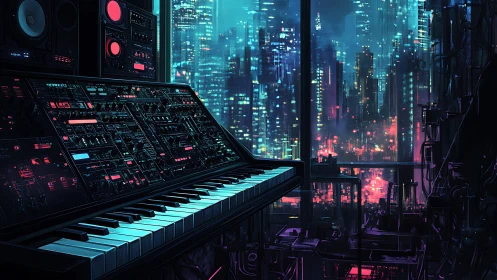 Neon skyline synth studio composing midnight city echoes.