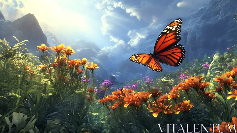 Monarch butterfly in luminous alpine wildflower valley at sunrise