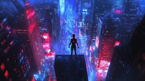 Superhero silhouette over neon city at night skyline.