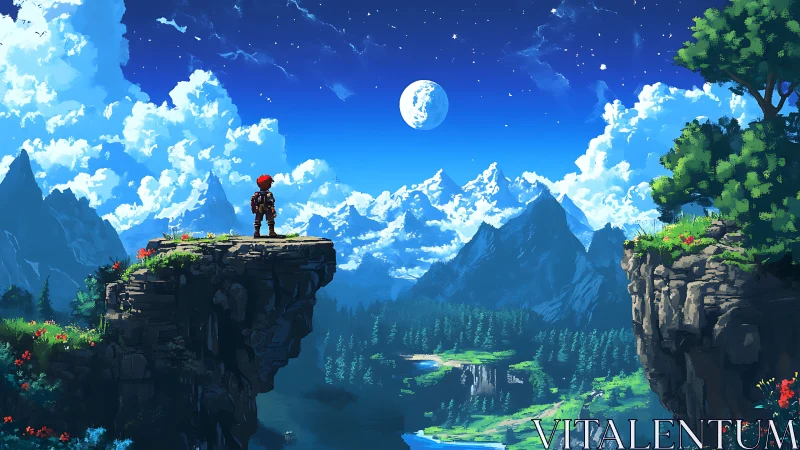 Explorer on cliff edge under moonlit mountain sky.