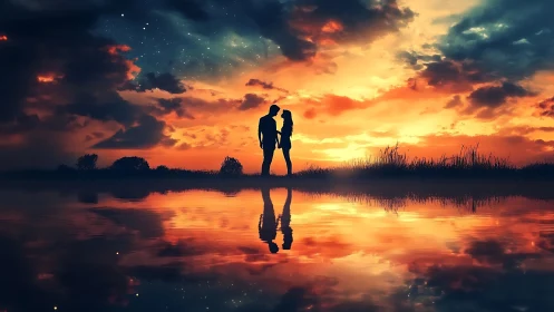 Couple silhouette reflected in water at sunset.
