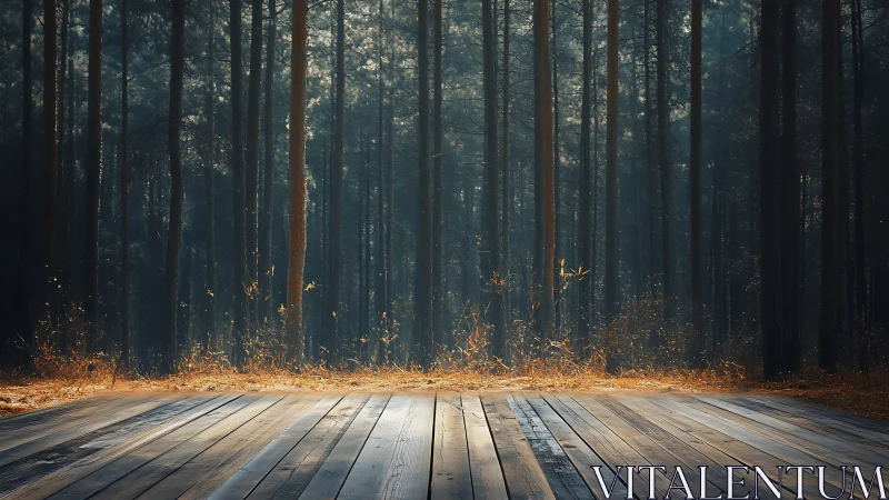 Wooden Deck Facing Dense Forest Edge at Sunlight.