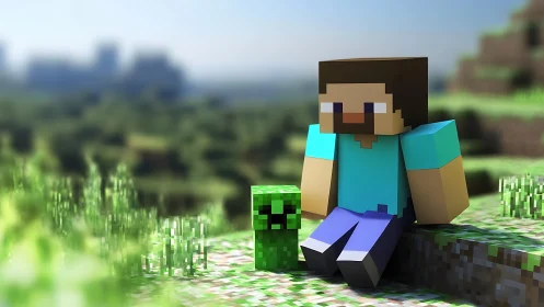 Voxel character rests beside creeper in sunlit 3D landscape