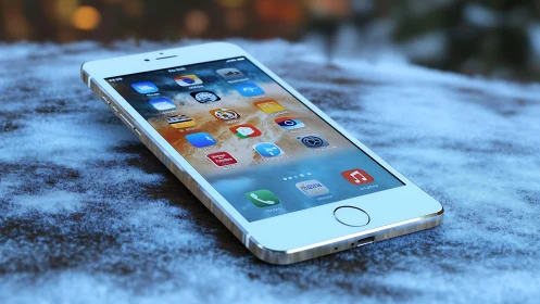 White smartphone displaying app icons on textured surface.