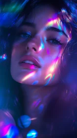 Neon-reflected female portrait with high-gloss skin and bokeh diffusion