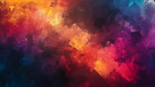 Vivid abstract painting with bold brushstrokes in warm and cool tones.