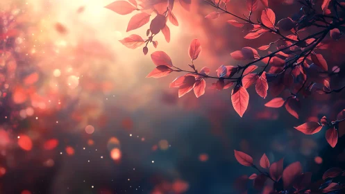 Soft backlit red leaves with glowing bokeh background.