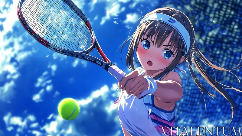 Anime girl tennis player swinging racket under blue sky.