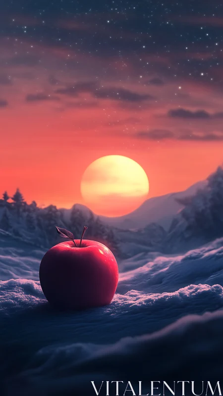 Red apple resting on snowy field at vivid sunset.