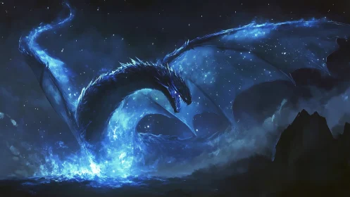 Starforged tide dragon erupts from a midnight cosmic sea.