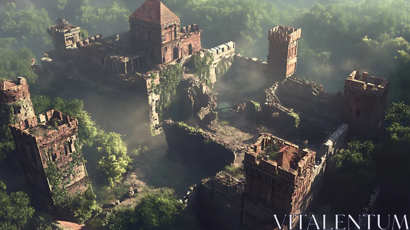 Sunlit ruined fortress emerges from misty forest canopy.