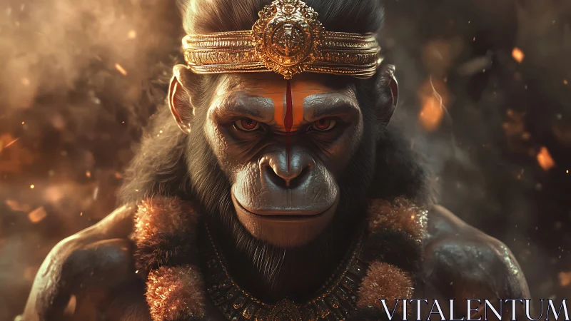Divine simian warrior stares forward in burning haze