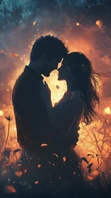 Silhouetted couple kissing amid fiery, rain-soaked backdrop.