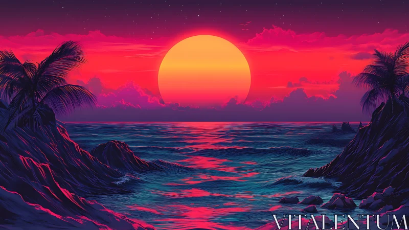 Sun sets behind ocean horizon between rocky tropical shores