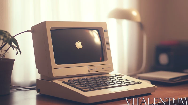 Vintage beige computer on wooden desk in warm light.