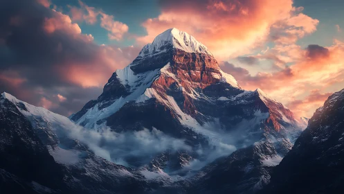 Sunfired summit crowned in drifting stormlit cloud veils.