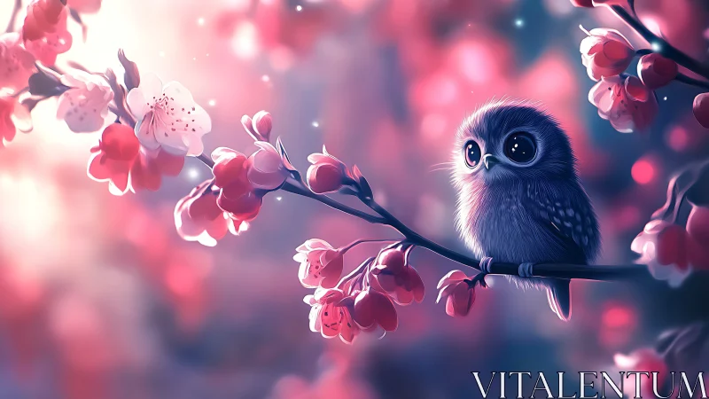 Adorable baby owl on cherry blossom branch in dreamy pastel art.