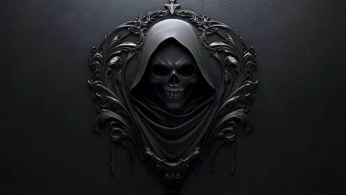 Grinning reaper blooms from baroque shadows in sculpted chrome