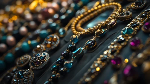 Display of assorted gemstone and gold jewelry arrangements.