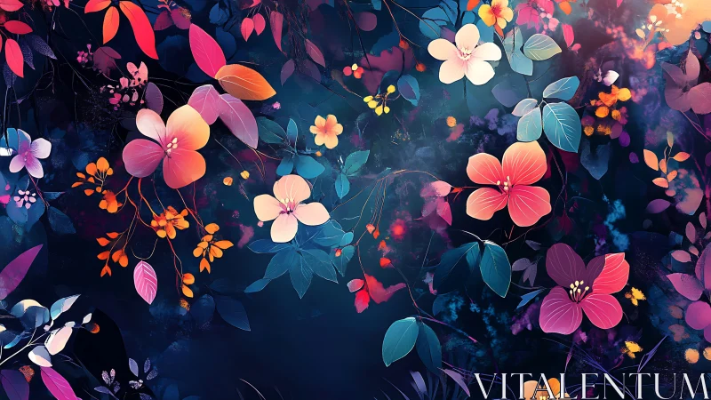 Vibrant Digital Flowers Blooming Across Moody Night Sky